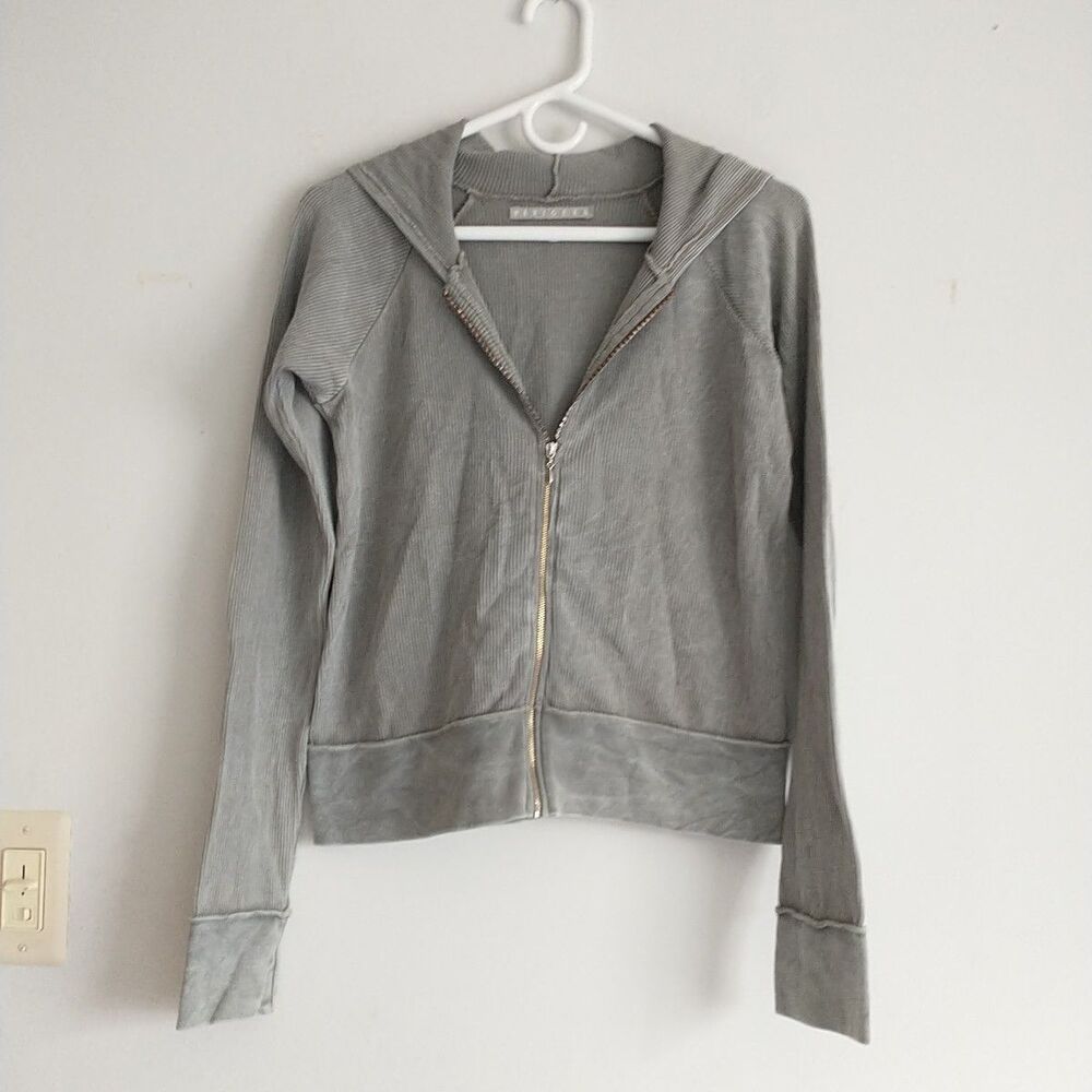 Vtg Fitigues Shirt Womens M Gray Waffle Knit Hooded Beaded 90s USA Y2K